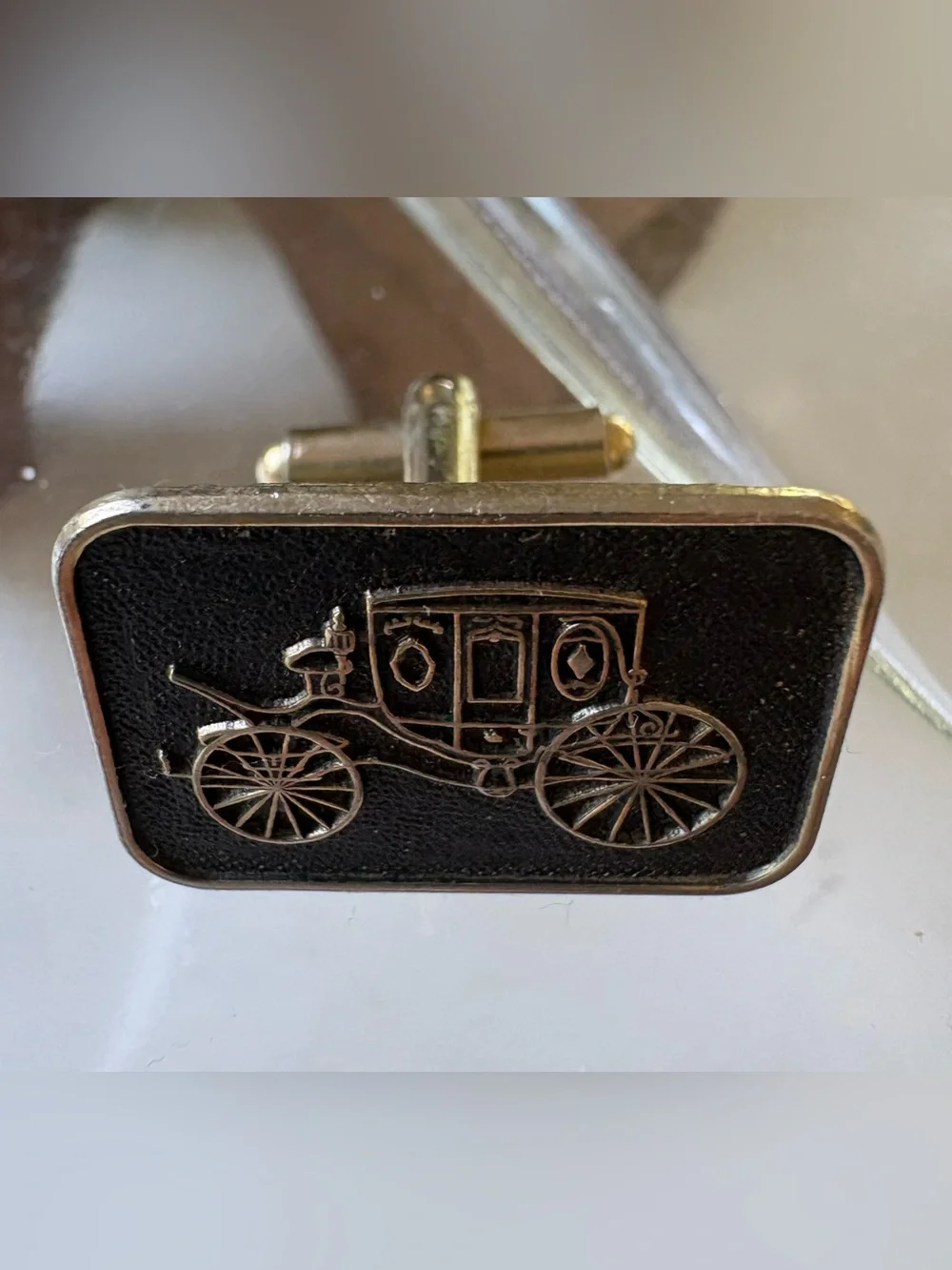 Carriage Cufflinks Gold Tone Black Enamel Dress Shirt Tux Suit Vintage